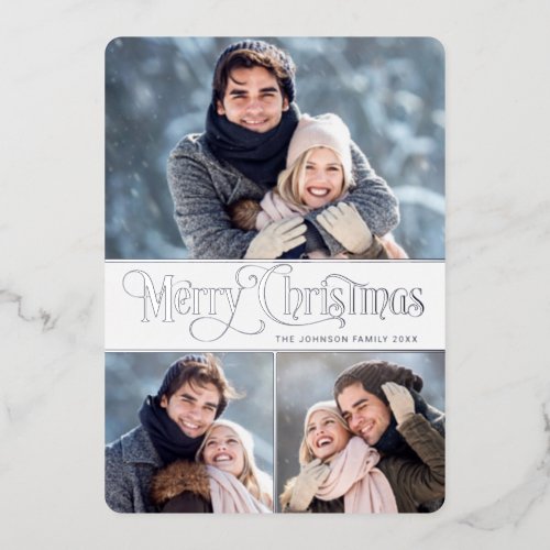 3 PHOTO Simply Elegant Sparkle Christmas Silver Foil Holiday Card