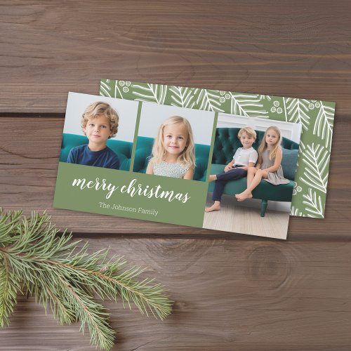 3 Photo _ Simply Green Holly _ Merry Christmas Holiday Card
