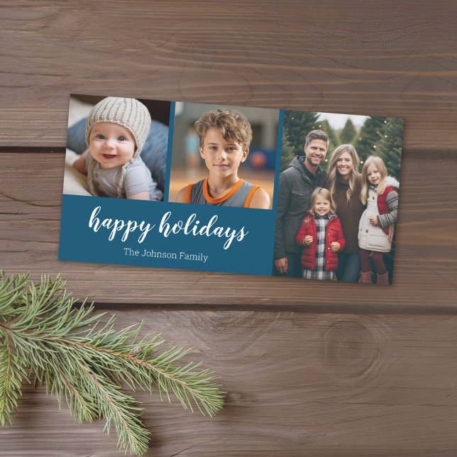 3 Photo - Simply Navy Blue Holly - Happy Holiday Card (Add 3 photos to this online Christmas Card. Minimal and simple to use the template.)