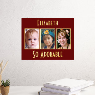 3 photo so adorable add name burgundy gold foil prints