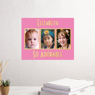 3 photo so adorable add name pink gold foil prints