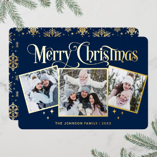 3 PHOTO Sparkle Merry Christmas Gold Foil Holiday Card