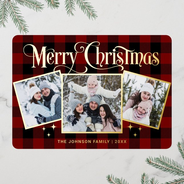 3 PHOTO Sparkle Merry Christmas Gold Foil Holiday Card (Creator Uploaded)
