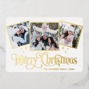 3 PHOTO Sparkle Merry Christmas Greeting Gold Foil Holiday Card