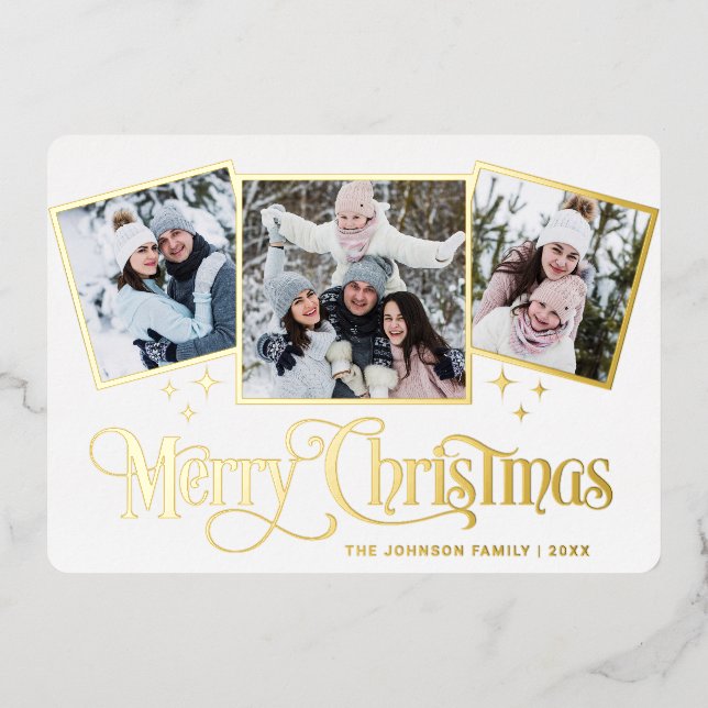 3 PHOTO Sparkle Merry Christmas Greeting Gold Foil Holiday Card (Front)