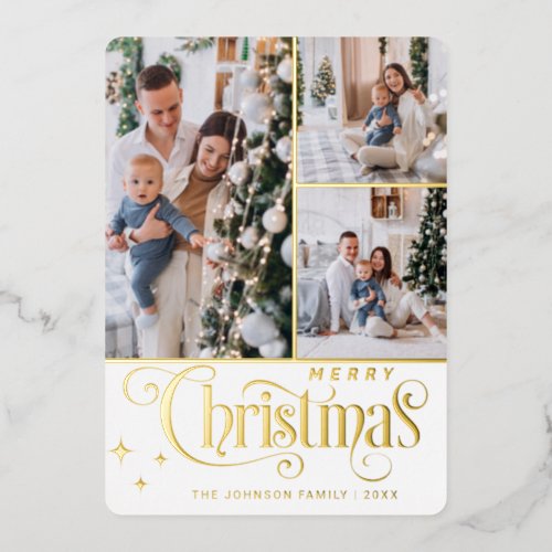 3 PHOTO Sparkle Merry Christmas Greeting Gold Foil Holiday Card