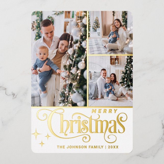 3 PHOTO Sparkle Merry Christmas Greeting Gold Foil Holiday Card (Front)