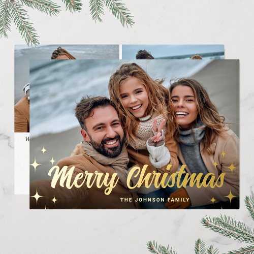 3 PHOTO Sparkle Merry Christmas Greeting Gold Foil Holiday Card