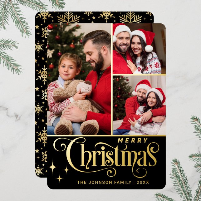 3 PHOTO Sparkle Merry Christmas Greeting Gold Foil Holiday Card (Creator Uploaded)