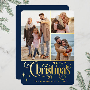 3 PHOTO Sparkle Merry Christmas Greeting Gold Foil Holiday Card