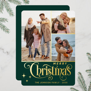 3 PHOTO Sparkle Merry Christmas Greeting Gold Foil Holiday Card