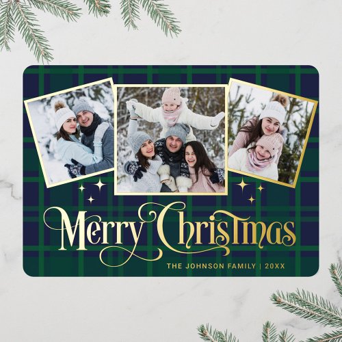 3 PHOTO Sparkle Merry Christmas Greeting Gold Foil Holiday Card