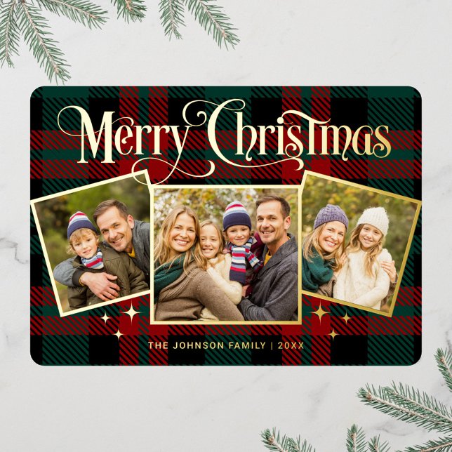 3 PHOTO Sparkle Merry Christmas Greeting Gold Foil Holiday Card (Creator Uploaded)