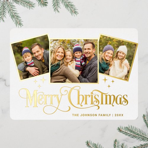 3 PHOTO Sparkle Merry Christmas Greeting Gold Foil Holiday Card