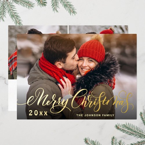 3 PHOTO Sparkle Merry Christmas Greeting Gold Foil Holiday Card