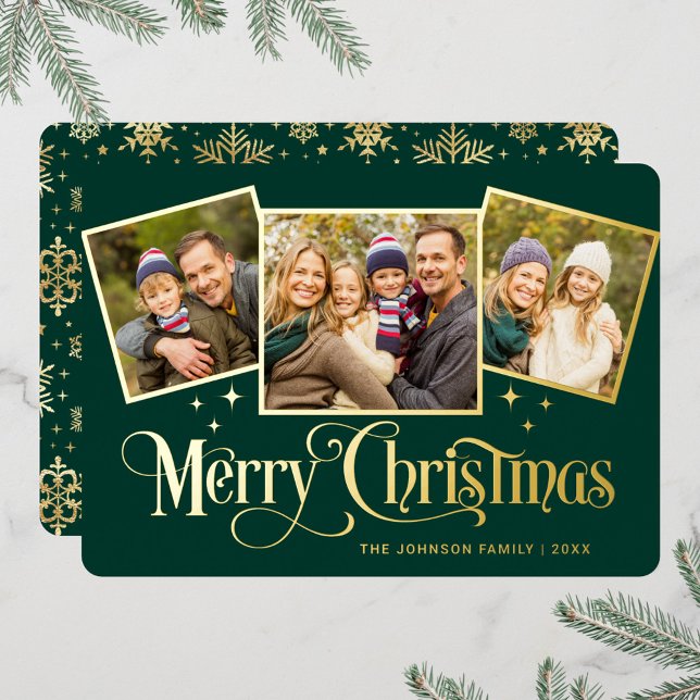 3 PHOTO Sparkle Merry Christmas Greeting Gold Foil Holiday Card (Creator Uploaded)
