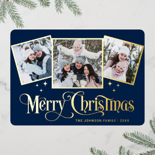 3 PHOTO Sparkle Merry Christmas Greeting Gold Foil Holiday Card