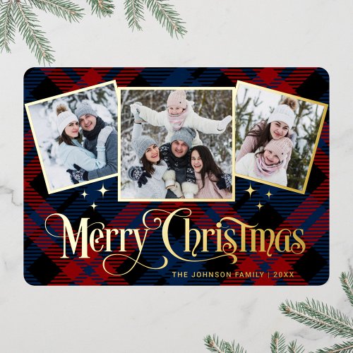 3 PHOTO Sparkle Merry Christmas Greeting Gold Foil Holiday Card