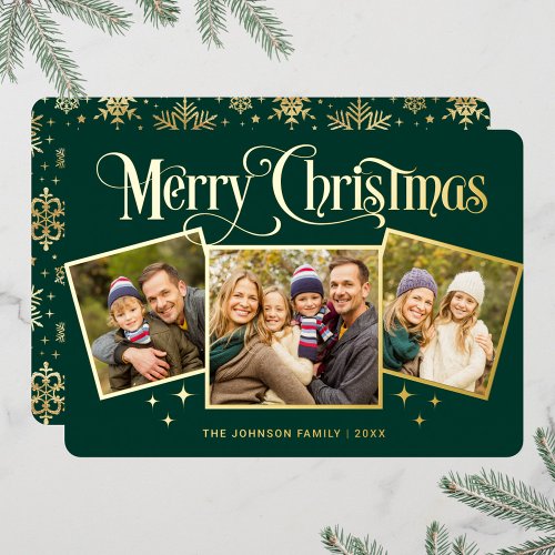 3 PHOTO Sparkle Merry Christmas Greeting Gold Foil Holiday Card