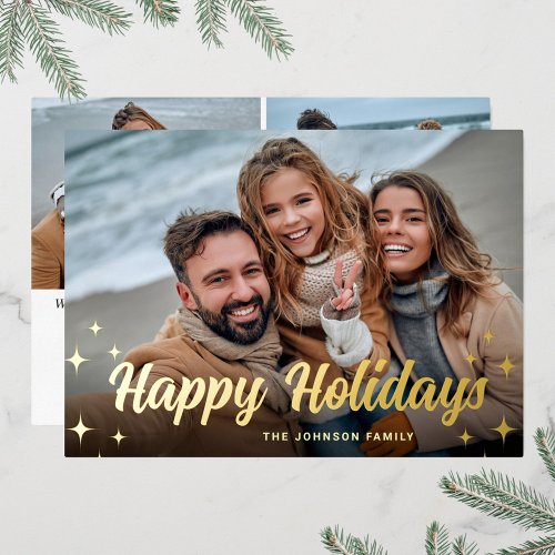 3 PHOTO Sparkle Merry Christmas Greeting Gold Foil Holiday Card