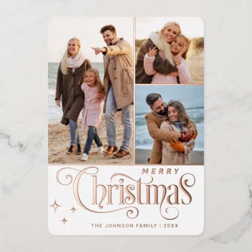 3 PHOTO Sparkle Merry Christmas Greeting Rose Gold Foil Holiday Card