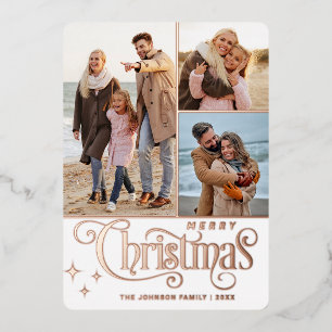 3 PHOTO Sparkle Merry Christmas Greeting Rose Gold Foil Holiday Card