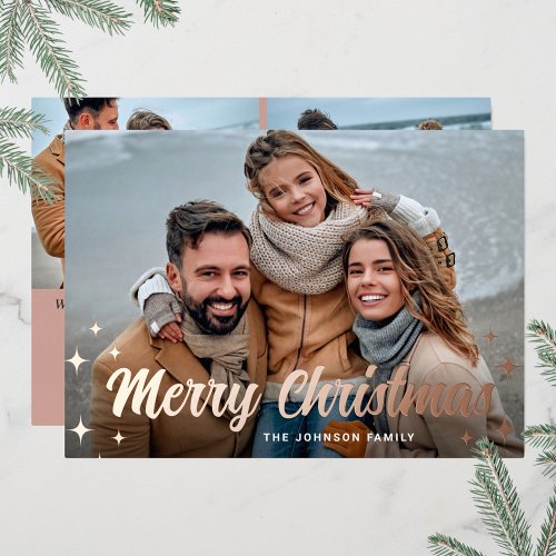 3 PHOTO Sparkle Merry Christmas Greeting Rose Gold Foil Holiday Card