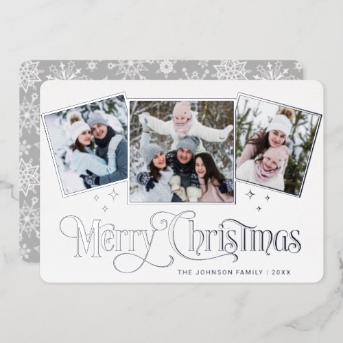 3 PHOTO Sparkle Merry Christmas Greeting Silver Foil Holiday Card