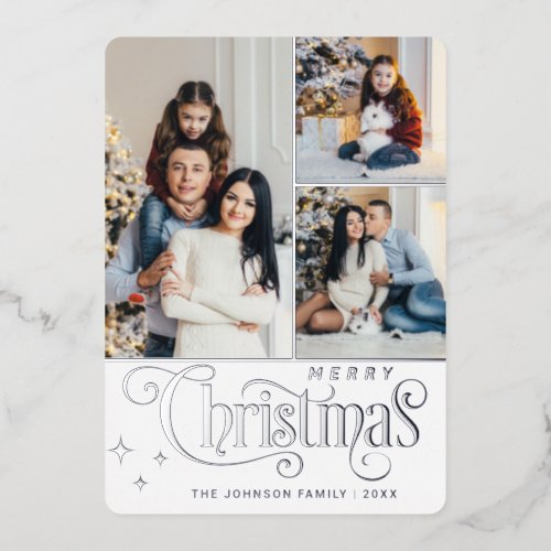 3 PHOTO Sparkle Merry Christmas Greeting Silver Foil Holiday Card
