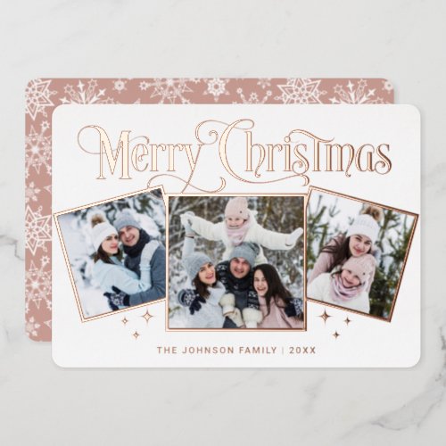 3 PHOTO Sparkle Merry Christmas Rose Gold Foil Holiday Card