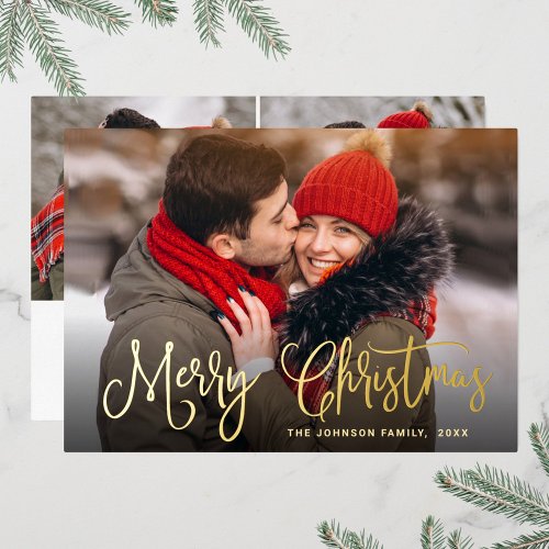 3 PHOTO Sparkle Modern Christmas Greeting Gold Foil Holiday Card