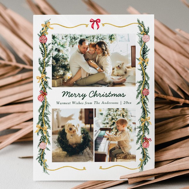 3 Photo Stylish Christmas Greenery & Bows Holiday Card (Creator Uploaded)