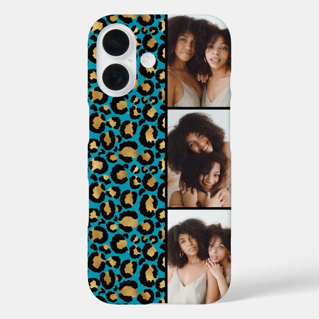 3 Photo Teal And Gold Leopard Print Case-Mate iPhone Case (Back)