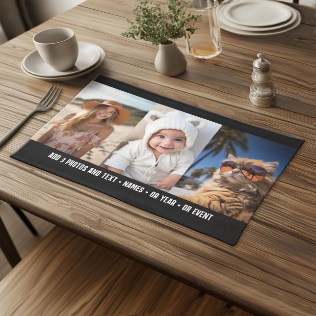 3 Photo Template Modern Minimal Text Over Photo Cloth Placemat (Custom Cloth Placemat)