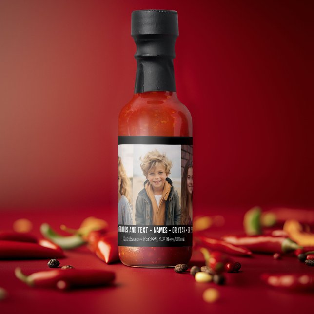 3 Photo Template Modern Minimal Text Over Photo Hot Sauces (Personalized Hot Sauce Bottle with a Photo Collage and Text)
