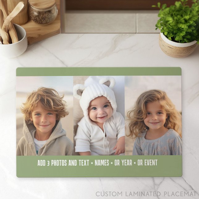 3 Photo Template Modern Minimal Text - sage Placemat (Custom Placemat with Photo Collage)