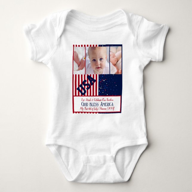3 Photo USA Independence Day First 4th of July Baby Bodysuit (Front)