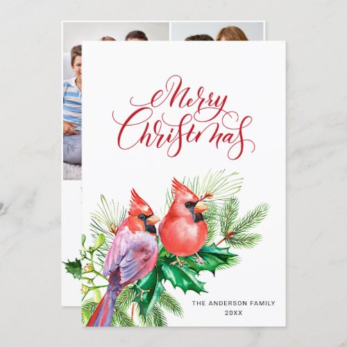 3 PHOTO Watercolor Red Cardinal Christmas Greeting Holiday Card