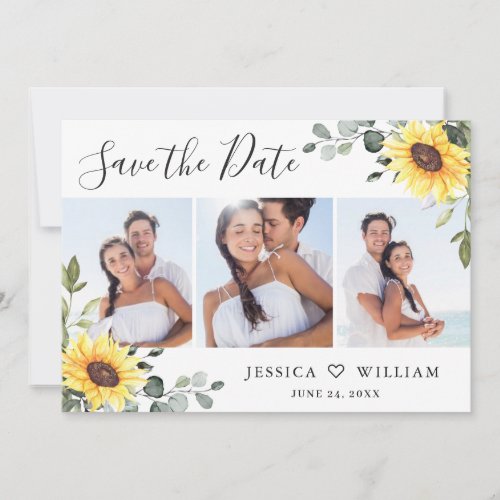 3 Photo Watercolor Sunflowers Eucalyptus Wedding Save The Date