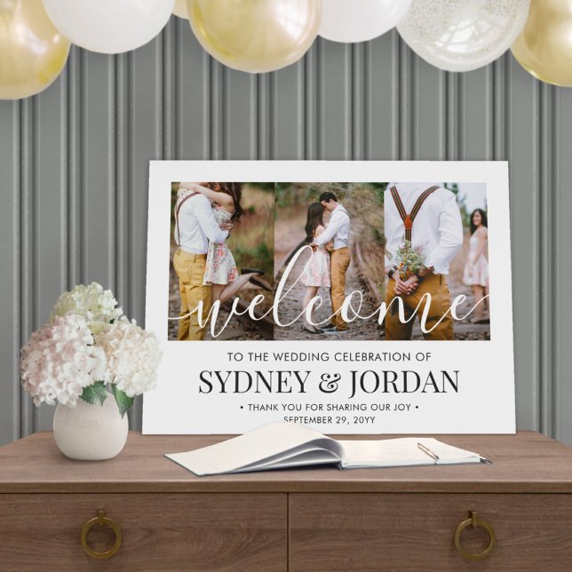 3 Photo Wedding Welcome Elegant White Calligraphy Foam Board (Creator Uploaded)