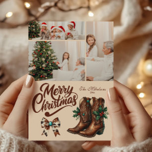 3 Photo Western Bow & Boots Christmas Holiday Card