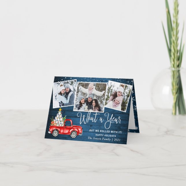 3 Photo What a Year Christmas Red Farm Truck Holiday Card (Front)