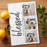 3 Photo with Modern Calligraphy - blessed Kitchen Towel<br><div class="desc">Use three pictures and make a unique and trendy Merry Christmas greeting with a black and white theme. If you need to move anything around,  click on the customize button to make changes.</div>