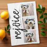 3 Photo with Modern Merry Christmas Rejoice Kitchen Towel<br><div class="desc">Use three pictures and make a unique and trendy Merry Christmas greeting with a black and white theme. If you need to move anything around,  click on the customize button to make changes.</div>