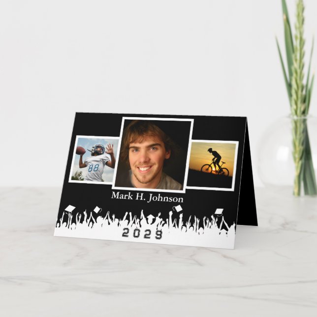 3 Photos Black & White Graduation Open House  Holiday Card (Front)