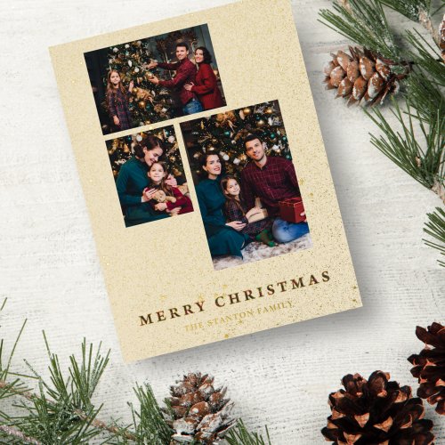 3 Photos Christmas Collage Merry Christmas Tartan Foil Holiday Postcard