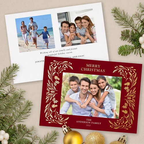 3 Photos Christmas Greenery Gold Foil Holiday Card