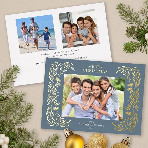3 Photos Christmas Greenery Gold Foil Holiday Card
