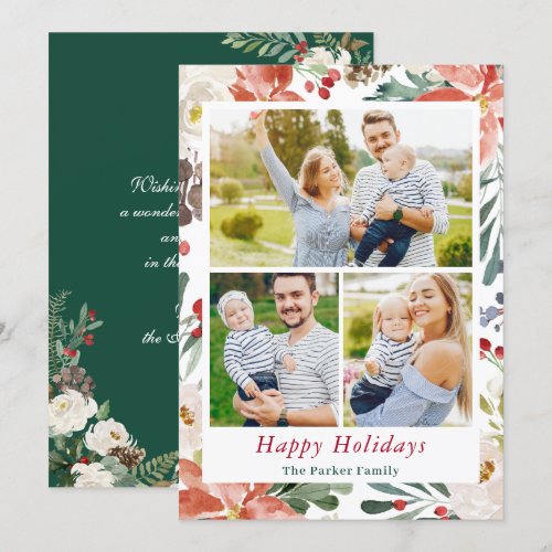 3 Photos Collage Christmas Poinsettia Ivory Floral Holiday Card
