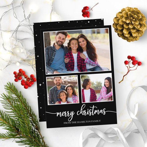 3 Photos Collage Cute Script Merry Christmas Black Invitation